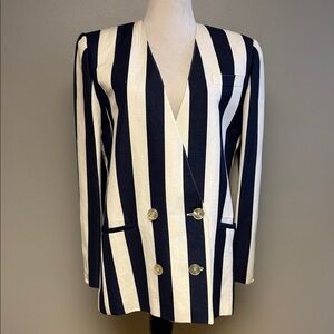 Giorgio Sant’Angelo Vintage Stripe Linen Blazer Navy Cream Sz 8